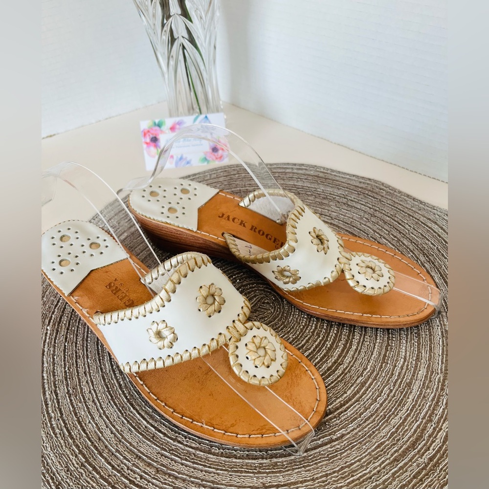 JACK ROGERS USA Sandals “Hamptons”Platinum (Retired) Mid-Wedge White w Gold Trim - Picture 8 of 14